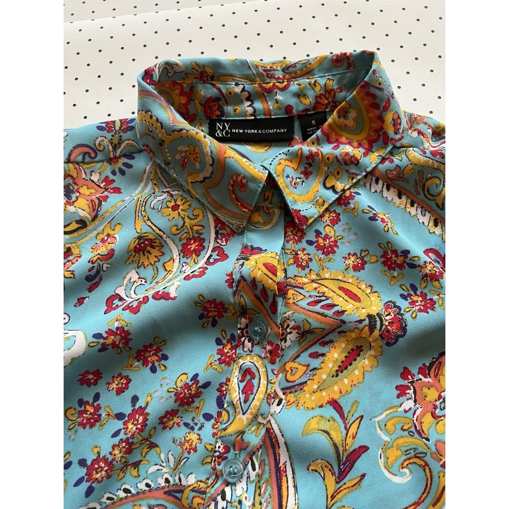 NY‎ & Co Paisley Sleeveless Blouse Aqua Boho Cottagecore Ruffle Shoulder Small